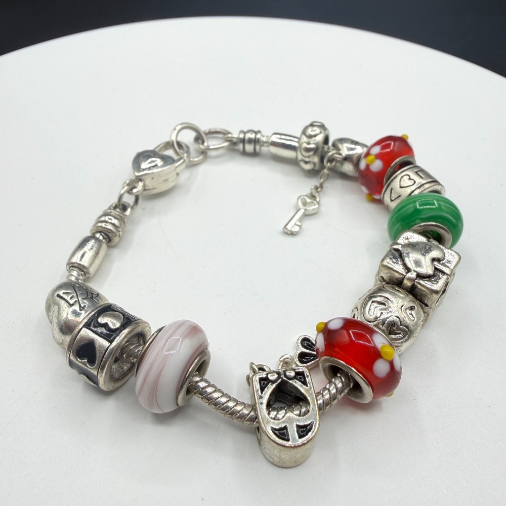 Silver Tone European Charm Bracelet Hearts Glass Beads Key Gift Box Dangle